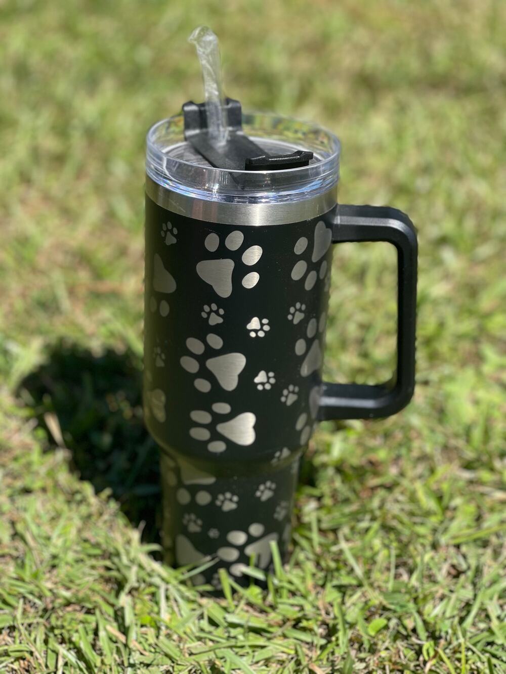 40oz Paw Print Stainless Steel Tumbler w/ handle and straw Black